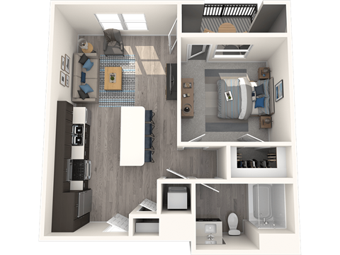 A 3D rendered image of a small apartment layout.